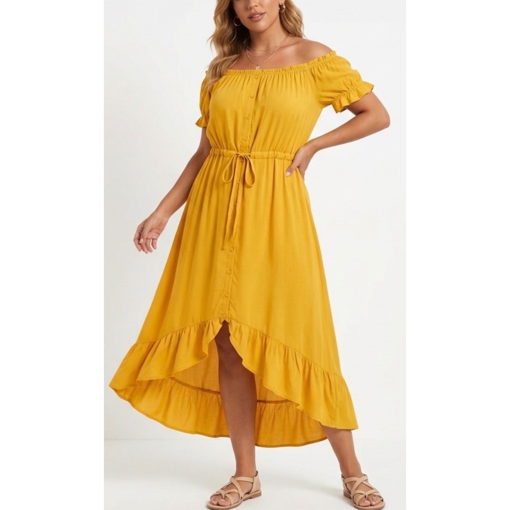Mustard Yellow Off Shoulder High Low Ruffle Maxi Dress Short Sleeve Sz S Boho
